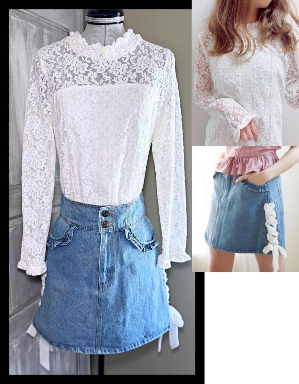 Liz Lisa Side Lace-Up Denim Skirt & Lace Ribbon Long-Sleeve Jfashion Gyaru Japan